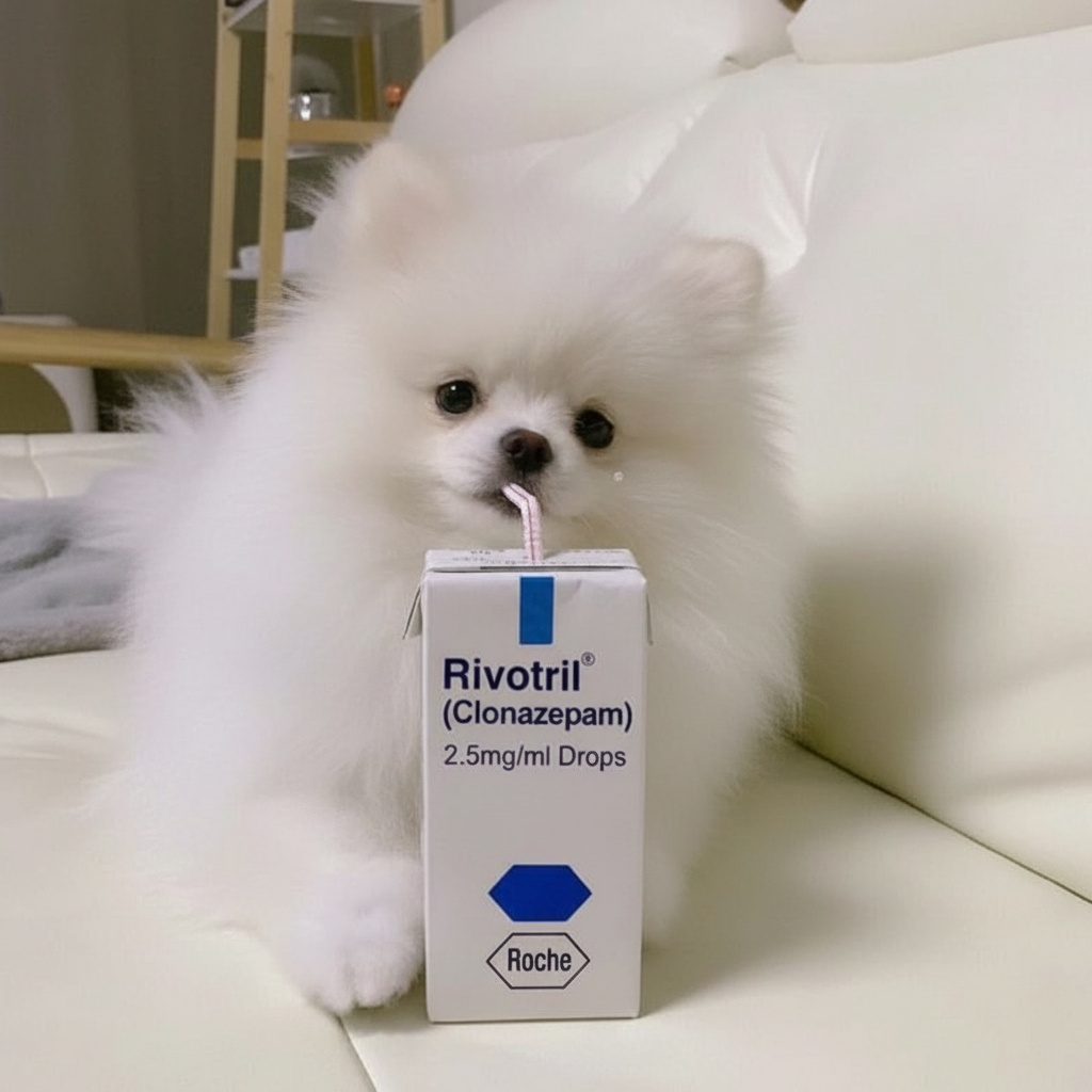 RIVO mascot - fluffy white dog with Rivotril
